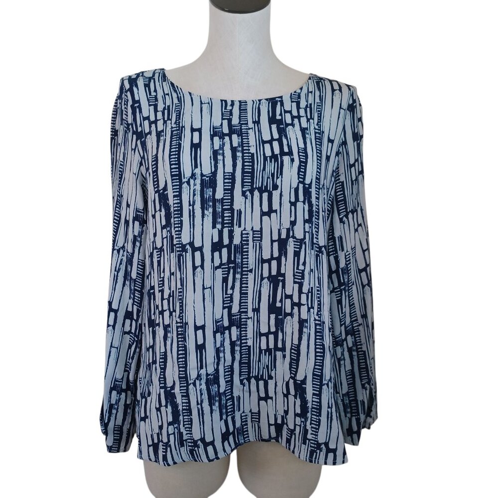 Wrap‎ London Top Blue Abstract Print Long Sleeve Button Back Popover Womens US 6